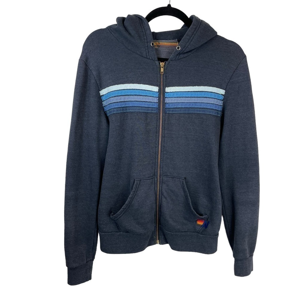 Aviator Nation 5-Stripe Full Zip Hoodie Sweatshirt Charcoal Blue Size S